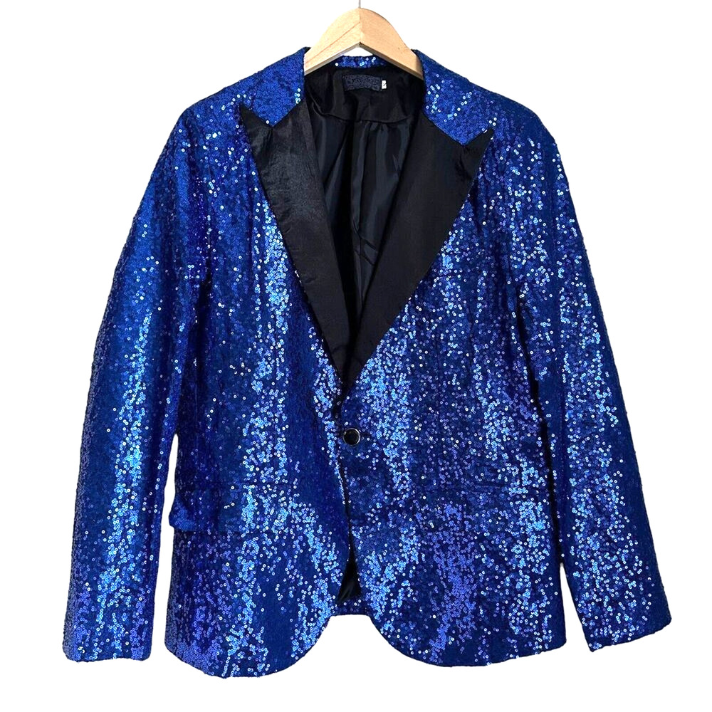 Vintage Carlyle Sequin Tuxedo Blazer S Cobalt Royal Blue Satin Lapel 90s